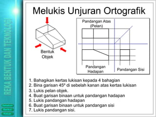 Melukis Unjuran Ortografik
                                     Pandangan Atas
                                         (Pelan)




                Bentuk
                Objek

                                       Pandangan
                                        Hadapan        Pandangan Sisi

          1. Bahagikan kertas lukisan kepada 4 bahagian
          2. Bina garisan 45º di sebelah kanan atas kertas lukisan
          3. Lukis pelan objek.
          4. Buat garisan binaan untuk pandangan hadapan
          5. Lukis pandangan hadapan
Sebelum   6. Buat garisan binaan untuk pandangan sisi
Berikut   7. Lukis pandangan sisi.
Keluar
 