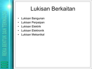 Lukisan Berkaitan
          •   Lukisan Bangunan
          •   Lukisan Perpaipan
          •   Lukisan Elektrik
          •   Lukisan Elektronik
          •   Lukisan Mekanikal




Sebelum
Berikut
Keluar
 