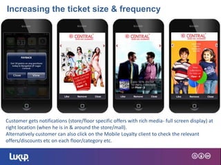 5
Customer gets notifications (store/floor specific offers with rich media- full screen display) at
right location (when he is in & around the store/mall).
Alternatively customer can also click on the Mobile Loyalty client to check the relevant
offers/discounts etc on each floor/category etc.
Increasing the ticket size & frequency
 