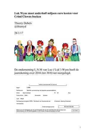 Luk Wyns moet anderhalf miljoen euro kosten voor
Crimi Clowns boeken
Thierry Debels
@thierryd
28/1/17
De onderneming L.N.M van Luc (‘Luk’) Wyns heeft de
jaarrekening over 2016 (tot 30/6) net neergelegd.
1
 