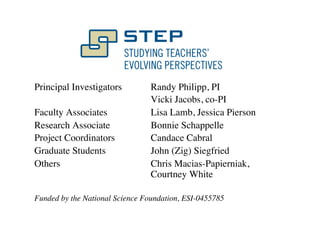 Principal Investigators 
Randy Philipp, PI 
Vicki Jacobs, co-PI 
Faculty Associates 
Lisa Lamb, Jessica Pierson 
Research Associate 
Bonnie Schappelle 
Project Coordinators 
Candace Cabral 
Graduate Students 
John (Zig) Siegfried 
Others 
Chris Macias-Papierniak, 
Courtney White 
Funded by the National Science Foundation, ESI-0455785 
 