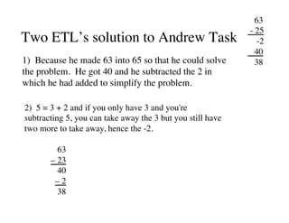 Two ETL’s solution to Andrew Task 
1) Because he made 63 into 65 so that he could solve 
the problem. He got 40 and he subtracted the 2 in 
which he had added to simplify the problem. 
2) 5 = 3 + 2 and if you only have 3 and you're 
subtracting 5, you can take away the 3 but you still have 
two more to take away, hence the -2. 
63 
– 23 
40 
– 2 
38 
63 
- 25 
-2 
40 
38 
 