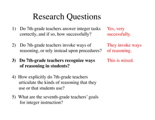 Research Questions 
1) Do 7th-grade teachers answer integer tasks 
correctly, and if so, how successfully? 
2) Do 7th-grade teachers invoke ways of 
reasoning, or rely instead upon procedures? 
3) Do 7th-grade teachers recognize ways 
of reasoning in students? 
4) How explicitly do 7th-grade teachers 
articulate the kinds of reasoning that they 
use or that students use? 
5) What are the seventh-grade teachers’ goals 
for integer instruction? 
Yes, very 
successfully. 
They invoke ways 
of reasoning. 
This is mixed. 
 