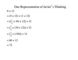 One Representation of Javier’s Thinking 
6 × 12 
= (5 × 12) + (1 × 12) 
= [(1 
2 
× 10) × 12] + 12 
= [1 
2 
× (10 × 12)] + 12 
= [1 
2 
× (120)] + 12 
= 60 + 12 
= 72 
 