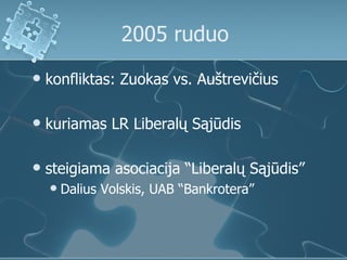 2005 ruduo
   konfliktas: Zuokas vs. Auštrevičius

   kuriamas LR Liberalų Sąjūdis

   steigiama asociacija “Liberalų Sąjūdis”
       Dalius Volskis, UAB “Bankrotera”
 