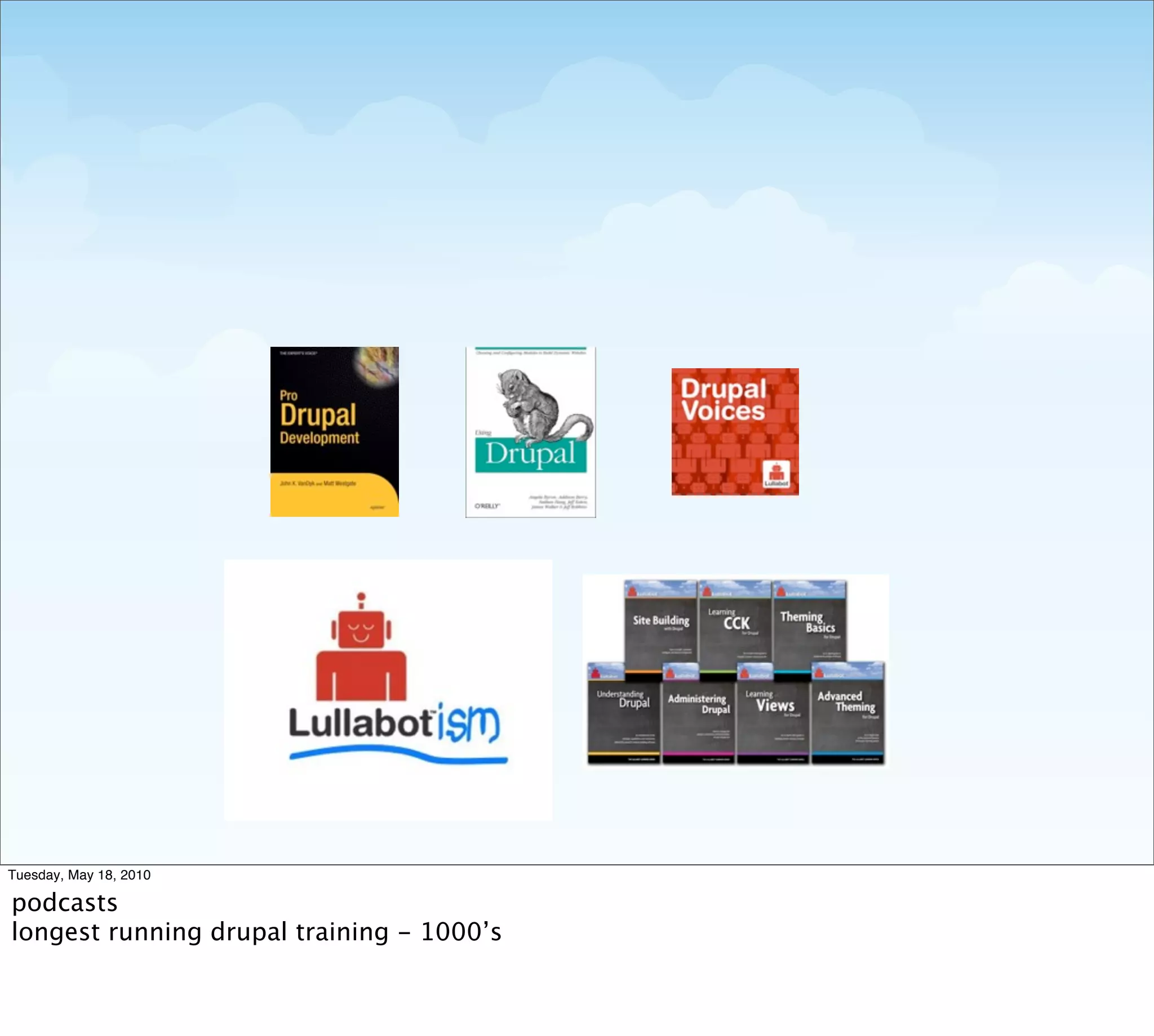 Tuesday, May 18, 2010

podcasts
longest running drupal training - 1000’s
 