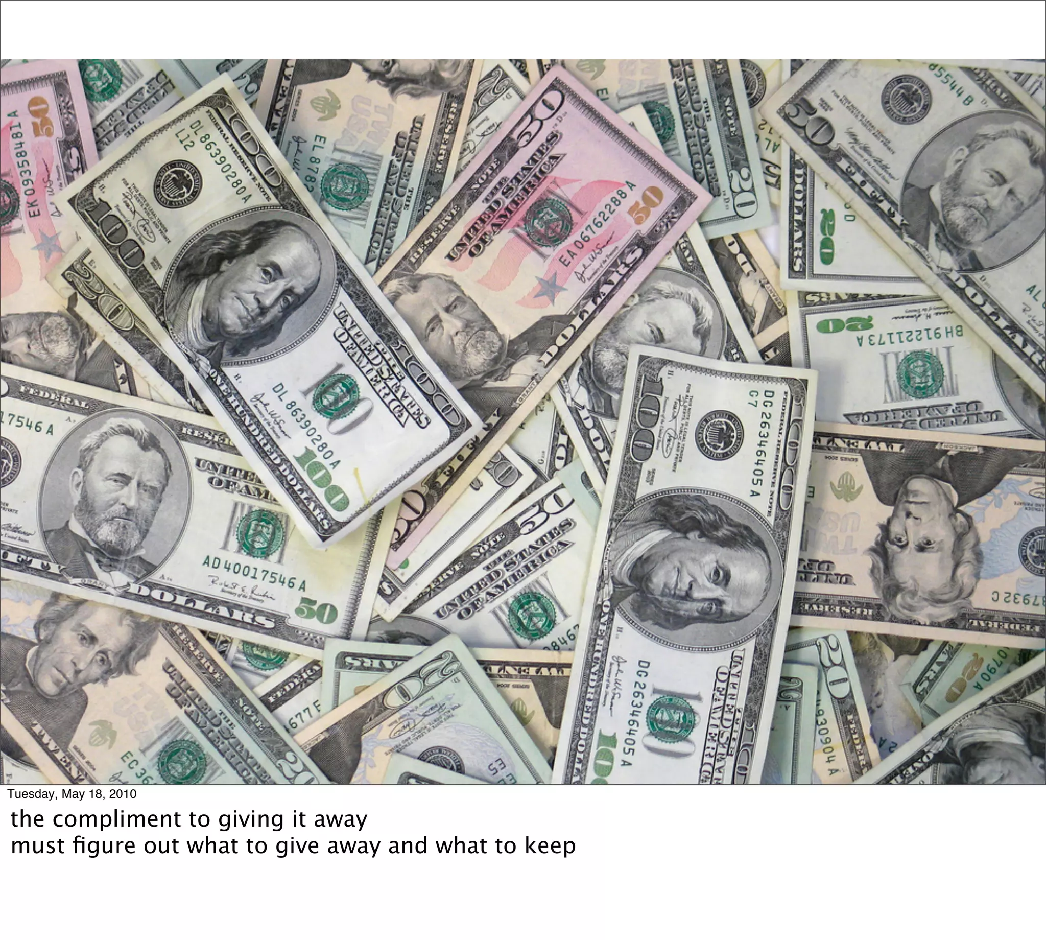 Tuesday, May 18, 2010

the compliment to giving it away
must ﬁgure out what to give away and what to keep
 