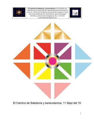 El Camino de Sabiduría y benevolencia. (Un método, una
filosofía, para el desarrollo de capacidades prioritarias para la
vida, un camino de iniciación, al conocimiento superior, hacia
una Ciencia Espiritual. Dir. Del Proyecto: Acacio Edmundo.
Armonía y concierto de inteligencias. A.C. 2 35 58 55
acacioedmundo@gmail.com
1
El Camino de Sabiduría y benevolencia. 11 Sept del 15
 