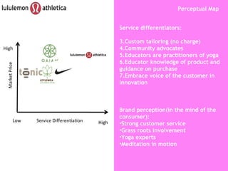 Service Differentiation Market Price Low High High Perceptual Map Service differentiators: Custom tailoring (no charge) Community advocates Educators are practitioners of yoga Educator knowledge of product and guidance on purchase Embrace voice of the customer in innovation  Brand perception(in the mind of the consumer): Strong customer service Grass roots involvement  Yoga experts Meditation in motion 