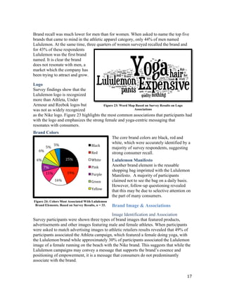 Brand recall was much lower for men than for women. When asked to name the top five
brands that came to mind in the athletic apparel category, only 44% of men named
Lululemon. At the same time, three quarters of women surveyed recalled the brand and
for 43% of these respondents
Lululemon was the first brand
named. It is clear the brand
does not resonate with men, a
market which the company has
been trying to attract and grow.

Logo
Survey findings show that the
Lululemon logo is recognized
more than Athleta, Under
Armour and Reebok logos but              Figure 23: Word Map Based on Survey Results on Logo
was not as widely recognized                                Associations
as the Nike logo. Figure 23 highlights the most common associations that participants had
with the logo and emphasizes the strong female and yoga-centric messaging that
resonates with consumers.
Brand Colors
                                                    The core brand colors are black, red and
                5%                     Black        white, which were accurately identified by a
           5%                                       majority of survey respondents, suggesting
    6%                                 Red
                                                    strong consumer recall.
                      25%              White
 6%                                                 Lululemon Manifesto
                                       Pink         Another brand element is the reusable
      7%
                                       Purple       shopping bag imprinted with the Lululemon
       11%             19%                          Manifesto. A majority of participants
                                       Green
                16%                                 claimed not to see the bag on a daily basis.
                                       Yellow
                                                    However, follow-up questioning revealed
                                       Orange       that this may be due to selective attention on
                                                    the part of many consumers.
Figure 24: Colors Most Associated With Lululemon
 Brand Elements. Based on Survey Results, n = 33.   Brand Image & Associations
                                            Image Identification and Association
Survey participants were shown three types of brand images that featured products,
advertisements and other images featuring male and female athletes. When participants
were asked to match advertising images to athletic retailers results revealed that 49% of
participants associated the Athleta campaign, which featured a female doing yoga, with
the Lululemon brand while approximately 30% of participants associated the Lululemon
image of a female running on the beach with the Nike brand. This suggests that while the
Lululemon campaigns may convey a message that supports the brand’s essence and
positioning of empowerment, it is a message that consumers do not predominantly
associate with the brand.


                                                                                               17
 