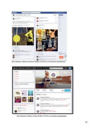 The Lululemon Athletica Facebook Timeline (11/23/12), www.facebook.com/lululemon




       The Lululemon Athletica Twitter Profile (11/23/12), www.twitter.com/lululemon



                                                                                       32
 