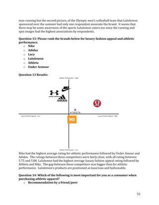 man	
  running	
  but	
  the	
  second	
  picture,	
  of	
  the	
  Olympic	
  men’s	
  volleyball	
  team	
  that	
  Lululemon	
  
sponsored over the summer had only one respondent associate the brand. It seems that
there may be some awareness of the sports Lululemon caters too since the running and
spin images had the highest associations by respondents.

Question 13: Please rank the brands below for luxury fashion appeal and athletic
performance.
   o Nike
   o Adidas
   o Lucy
   o Lululemon
   o Athleta
   o Under Armour

Question 13 Results:




Nike had the highest average rating for athletic performance followed by Under Amour and
Adidas. The ratings between these competitors were fairly close, with all rating between
5.75 and 5.08. Lululemon had the highest average luxury fashion appeal rating followed by
Athleta and Nike. The gap between these competitors was bigger than for athletic
performance.	
  	
  Lululemon’s	
  products	
  are	
  positioned	
  as	
  luxurious	
  and	
  fashionable.

Question 14: Which of the following is most important for you as a consumer when
purchasing athletic apparel?
   o Recommendation by a friend/peer


                                                                                                                                53
 