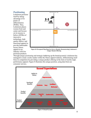 Positioning
Lululemon positions
itself by taking
advantage of its
points of
differentiation
(PODs). Thus,
Lululemon places
women front and
center and focuses
on its reasons to
believe (RTBs) of
innovative
technology, high
quality fabrics, and
functional apparel to
provide fashionable
luxury fitness
apparel in an            Figure 8: Perceptual Map Based on Survey Results, Demonstrating Lululemon's
                                                   Unique Market Offering
industry with few
premium products.
Through unique positioning and strategic laddering up the brand pyramid, Lululemon has
managed to create a niche market within the fitness apparel industry, differentiating itself
from its competitors by providing a unique product offering in the form of stylish, high-
performance apparel. Figure 8 illustrates this unique position, using data from our
consumer surveys.




                                      Figure 9: Brand Pyramid
                                                                                                   8
 