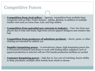 Competitive Forces
—  Competition from rival sellers – vigorous competition from multiple large

companies such as Nike, Under Armour , Adidas, Reebok, in addition to multiple
smaller ones such as Lorna Jane, Lole, and Gap Athleta

—  Competition from potential new entrants to industry – Vary: low from new

players due to time and funds, high from current apparel designers and retailers like
Gap

—  Competition from producers of substitute products – shorts, pants, or other

clothing not intended for athletic use

—  Supplier bargaining power – in introductory phase, high bargaining power due

to increased investment and desire to work with leading fabric suppliers; 90% of
apparel production in Asia but will use US/Canada production facilities as needed

—  Customer bargaining power – high due to: low cost of switching, buyers ability

to delay purchases, multiple other brands from which to choose

 