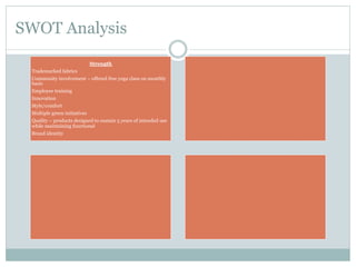 SWOT Analysis
Strength
Trademarked fabrics
Community involvement – offered free yoga class on monthly
basis
Employee training
Innovation
Style/comfort
Multiple green initiatives
Quality – products designed to sustain 5 years of intended use
while maintaining functional
Brand identity

 