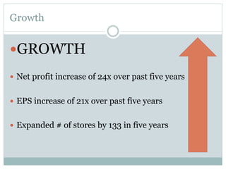 Growth

— GROWTH
—  Net profit increase of 24x over past five years
—  EPS increase of 21x over past five years
—  Expanded # of stores by 133 in five years

 