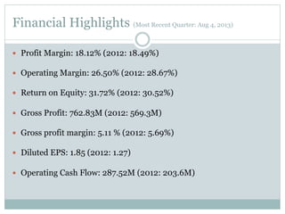 Financial Highlights (Most Recent Quarter: Aug 4, 2013)
—  Profit Margin: 18.12% (2012: 18.49%)
—  Operating Margin: 26.50% (2012: 28.67%)
—  Return on Equity: 31.72% (2012: 30.52%)
—  Gross Profit: 762.83M (2012: 569.3M)
—  Gross profit margin: 5.11 % (2012: 5.69%)
—  Diluted EPS: 1.85 (2012: 1.27)
—  Operating Cash Flow: 287.52M (2012: 203.6M)

 