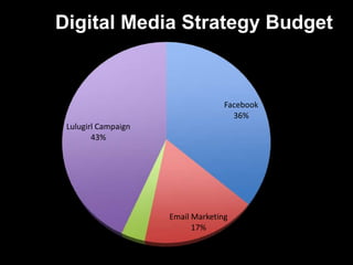 Facebook
36%
Email Marketing
17%
Mobile
4%
Lulugirl Campaign
43%
Digital Media Strategy Budget
 