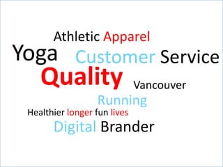 Digital Brander
Customer Service
Quality
Running
Yoga
Athletic Apparel
Vancouver
Healthier longer fun lives
 