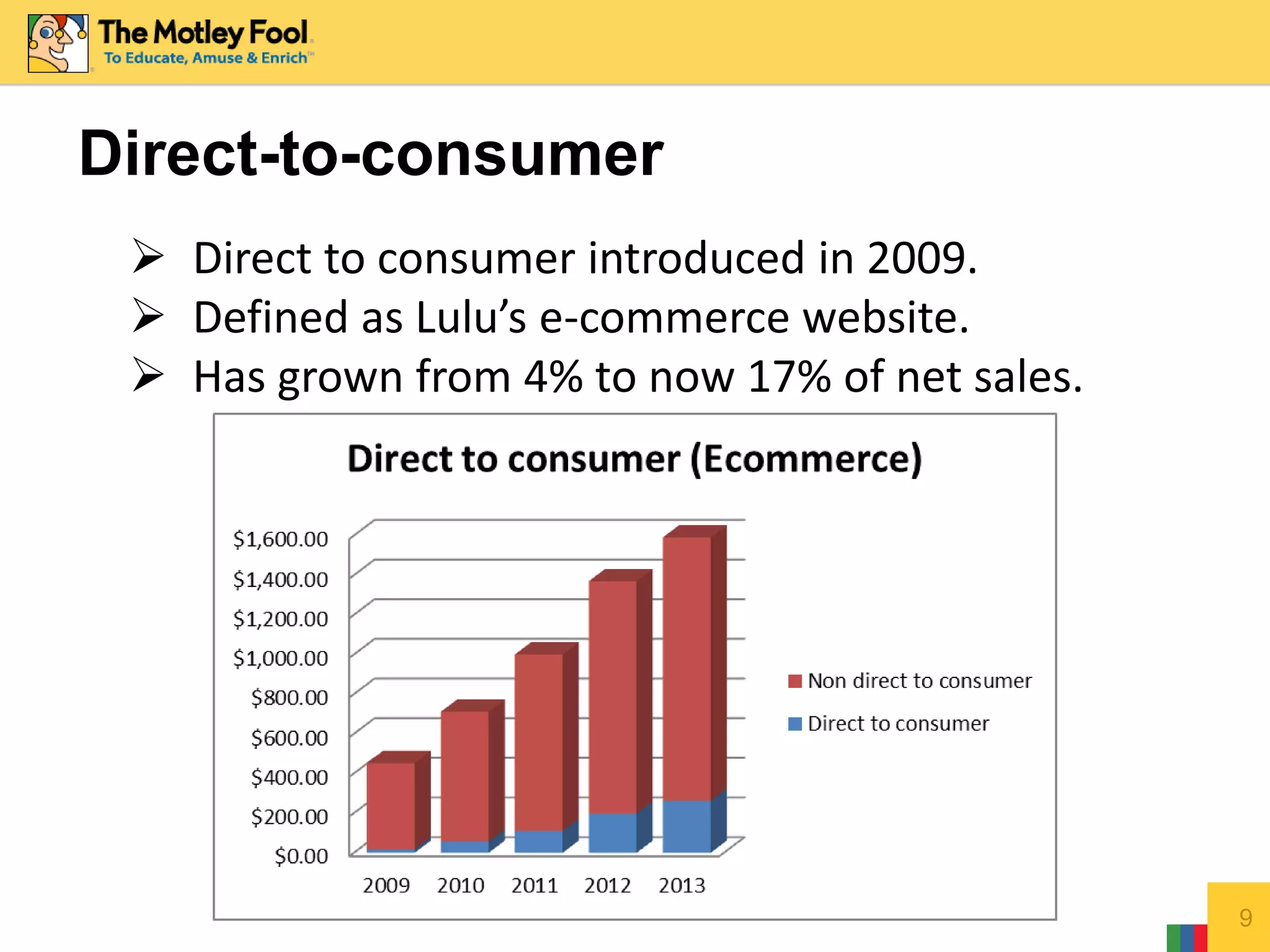 Direct-to-consumer
9
 Direct to consumer introduced in 2009.
 Defined as Lulu’s e-commerce website.
 Has grown from 4% to now 17% of net sales.
 