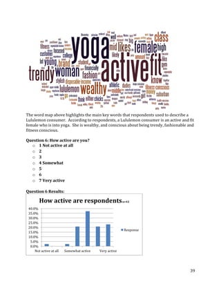 The word map above highlights the main key words that respondents used to describe a
Lululemon consumer. According to respondents, a Lululemon consumer is an active and fit
female who is into yoga. She is wealthy, and conscious about being trendy, fashionable and
fitness conscious.

Question 6: How active are you?
  o 1 Not active at all
  o 2
  o 3
  o 4 Somewhat
  o 5
  o 6
  o 7 Very active

Question 6 Results:

        How active are respondents n=43
 40.0%
 35.0%
 30.0%
 25.0%
 20.0%
                                                         Response
 15.0%
 10.0%
  5.0%
  0.0%
     Not active at all   Somewhat active   Very active




                                                                                       39
 