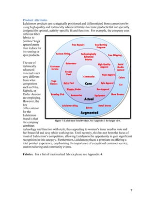 Product Attributes
Lululemon products are strategically positioned and differentiated from competitors by
using high-quality and technically advanced fabrics to create products that are specially
designed for optimal, activity-specific fit and function. For example, the company uses
different fiber
fabrics to
produce Yoga
apparel pants
than it does for
its running or
spin products.

The use of
technically
advanced
material is not
very different
from what
competitors
such as Nike,
Reebok, or
Under Armour
are employing.
However, the
key
differentiator
for the
Lululemon
brand is that
                           Figure 7: Lululemon Total Product. See Appendix 3 for larger view.
the company
combines
technology and function with style, thus appealing to women’s inner need to look and
feel beautiful and sexy while working out. Until recently, this has not been the focus of
most of Lululemon’s competitors, allowing Lululemon the opportunity to gain significant
recognition in this category. Furthermore, Lululemon places a premium on offering a
total product experience, emphasizing the importance of exceptional customer service,
custom tailoring and community events.

Fabrics. For a list of trademarked fabrics please see Appendix 4.




                                                                                            7
 