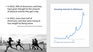 • In 2012, 94% of Americans said they
have given thought to the amount
of physical activity they get a day
• In 2012, more than half of
Americans said they were trying to
lose weight by being active
(International Food Information Council Foundation)
 