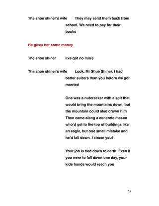 The shoe shiner’s wife They may send them back from
school. We need to pay for their
books
He gives her some money
The shoe shiner I’ve got no more
The shoe shiner’s wife Look, Mr Shoe Shiner, I had
better suitors than you before we got
married
One was a nutcracker with a spit that
would bring the mountains down, but
the mountain could also drown him
Then came along a concrete mason
who’d get to the top of buildings like
an eagle, but one small mistake and
he’d fall down. I chose you!
Your job is tied down to earth. Even if
you were to fall down one day, your
kids hands would reach you
55
 