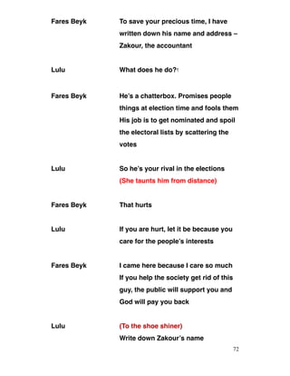 Fares Beyk To save your precious time, I have
written down his name and address –
Zakour, the accountant
Lulu What does he do?‫؟‬
Fares Beyk He’s a chatterbox. Promises people
things at election time and fools them
His job is to get nominated and spoil
the electoral lists by scattering the
votes
Lulu So he’s your rival in the elections
(She taunts him from distance)
Fares Beyk That hurts
Lulu If you are hurt, let it be because you
care for the people’s interests
Fares Beyk I came here because I care so much
If you help the society get rid of this
guy, the public will support you and
God will pay you back
Lulu (To the shoe shiner)
Write down Zakour’s name
72
 