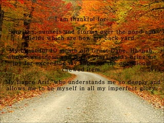 I am thankful for: Sunrises, sunsets and storms over the pond and fields which are now my back yard. My beautiful 10 month old Great Dane, Hannah, who's sweetness and dorky playfulness bring me joy far exceeding my anger at the occasional chewed item.  My fiance Arif, who understands me so deeply and allows me to be myself in all my imperfect glory. 