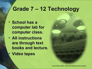 Grade 7 – 12 Technology School has a  computer lab for  computer class. All instructions  are through text books and lecture.  Video tapes Squirmelia (2006). Blizard Building lecture theatre 