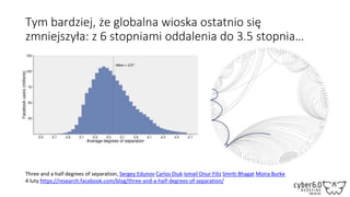 Tym bardziej, że globalna wioska ostatnio się
zmniejszyła: z 6 stopniami oddalenia do 3.5 stopnia…
Three and a half degrees of separation, Sergey Edunov Carlos Diuk Ismail Onur Filiz Smriti Bhagat Moira Burke
4 luty https://research.facebook.com/blog/three-and-a-half-degrees-of-separation/
 