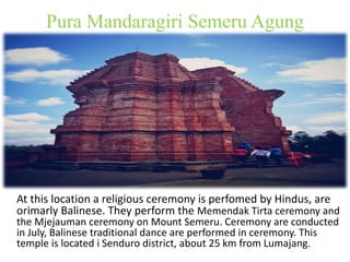 Pura Mandaragiri Semeru Agung 
At this location a religious ceremony is perfomed by Hindus, are 
orimarly Balinese. They perform the Memendak Tirta ceremony and 
the Mjejauman ceremony on Mount Semeru. Ceremony are conducted 
in July, Balinese traditional dance are performed in ceremony. This 
temple is located i Senduro district, about 25 km from Lumajang. 
 