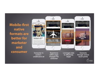 Mobile-ﬁrst
native
formats are
better for
marketer
and
consumer Consumer in
control –
unobtrusive ad
Experience
within page;
Engages the
consumer
Leverages data
to effectively
target
Connects
through various
touch points
 