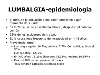 LUMBALGIA-epidemiología
• El 80% de la población tiene dolor lumbar en algún
momento de su vida
• Es la 2ª causa de absentismo laboral, después del catarro
común
• 25% de los accidentes de trabajo
• Es la causa más frecuente de incapacidad en <45 años
• Prevalencia anual
– Lumbalgia aguda: 14.7%; crónica: 7.7%. Con actividad laboral
50%
– Lumbociática: 1.5-2%
– En >50 años: 18.23% (hombres 16.35%, mujeres 19.84%)
– Más del 90% se recuperan en 6 meses
– <5% tendrán patología sistémica grave
 