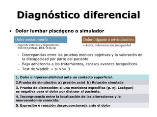 Diagnóstico diferencialDiagnóstico diferencial
• Dolor lumbar piscógeno o simulador
– Discrepancias entre las pruebas medicas objetivas y la valoración de
la discapacidad por parte del paciente
– Baja adherencia a los tratamientos, escasos avances terapeúticos
– Test de Wadell: + si >o= 3
1. Dolor o hipersensibilidad ante un contacto superficial.
2.Prueba de simulación: a) presión axial b) Rotación simulada
3. Prueba de distracción: si una maniobra específica (p. ej. Lasègue)
es negativa para el dolor por distraer al paciente.
4. Incongruencia entre la localización de las alteraciones y la
neuroanatomía conocida.
5. Expresión o reacción desproporcionada ante el dolor
 