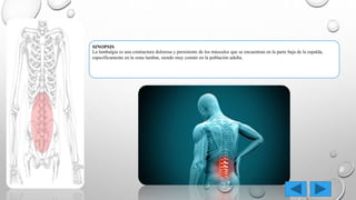 SINOPSIS
La lumbalgia es una contractura dolorosa y persistente de los músculos que se encuentran en la parte baja de la espalda,
específicamente en la zona lumbar, siendo muy común en la población adulta.
 