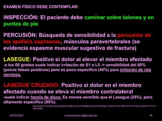 EXAMEN FÍSICO DEBE CONTEMPLAR:
lNSPECCIÓN: El paciente debe caminar sobre talones y en
puntas de pie
PERCUSIÓN: Búsqueda de sensibilidad a la percusión de
las apófisis espinosas, músculos paravertebrales (se
evidencia espasmo muscular sugestivo de fractura)
LASEGUE: Positivo si dolor al elevar el miembro afectado
-a los 60 grados suele indicar irritación de S1 o L5 -> sensibilidad del 80%
(pocos falsos positivos) pero es poco específico (40%) para irritación de raíz
nerviosa.
LASEGUE CRUZADO: Positivo si dolor en el miembro
afectado cuando se eleva el miembro contralateral
-suele indicar hernia de disco. Es menos sensible que el Lasegue (25%), pero
altamente específico (90%).
romanrosario.a@gmail.com 1804/03/2020
Guía para el manejo de pacientes adultos con lumbalgia (primera entrega). Evidencia en Atención Primaria volumen 5 nro 2.
PROFAM.
 