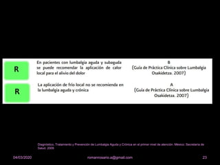 23romanrosario.a@gmail.com04/03/2020
Diagnóstico, Tratamiento y Prevención de Lumbalgia Aguda y Crónica en el primer nivel de atención. México: Secretaría de
Salud. 2009
 