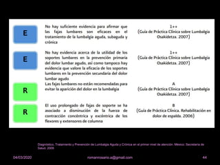 44romanrosario.a@gmail.com04/03/2020
Diagnóstico, Tratamiento y Prevención de Lumbalgia Aguda y Crónica en el primer nivel de atención. México: Secretaría de
Salud. 2009
 