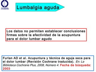 Lumbalgia aguda



  Los datos no permiten establecer conclusiones
  firmes sobre la efectividad de la acupuntura
  para el dolor lumbar agudo




Furlan AD et al. Acupuntura y técnica de aguja seca para
el dolor lumbar (Revisión Cochrane traducida). En: La
Biblioteca Cochrane Plus, 2008, Número 4. Fecha de búsqueda:
2003
 
