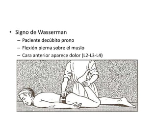 • Signo de Wasserman
– Paciente decúbito prono
– Flexión pierna sobre el muslo
– Cara anterior aparece dolor (L2-L3-L4)
 