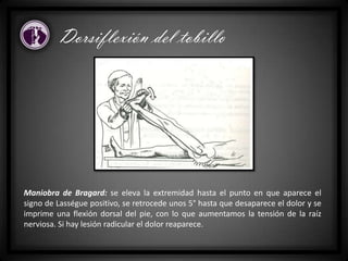 Dorsiflexión del tobillo
Maniobra de Bragard: se eleva la extremidad hasta el punto en que aparece el
signo de Lasségue positivo, se retrocede unos 5° hasta que desaparece el dolor y se
imprime una flexión dorsal del pie, con lo que aumentamos la tensión de la raíz
nerviosa. Si hay lesión radicular el dolor reaparece.
 
