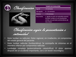 TIEMPO DE EVOLUCIÓN
Aguda < 6 semanas
Sub-aguda 6 – 12 semanas
Crónica > 12 semanas
Recurrente L. aguda en pcte con episodios previos
de dolor lumbar en una localización
similar, con periodos asintomáticos de
tres meses
• Dolor lumbar no radicular: Dolor regional, sin irradiación, sin compromiso
del estado general del paciente.
• Dolor lumbar radicular (lumbociática): Se acompaña de síntomas en el
miembro inferior por compromiso radicular.
• Lumbalgia compleja (potencialmente catastrófica): El dolor aparece
después de un accidente importante, con o sin lesión neurológica.
 