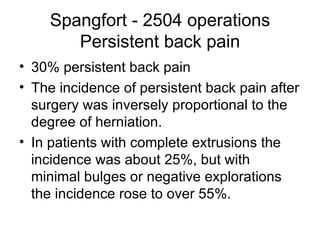 Spangfort - 2504 operations Persistent back pain 30% persistent back pain The incidence of persistent back pain after surgery was inversely proportional to the degree of herniation.  In patients with complete extrusions the incidence was about 25%, but with minimal bulges or negative explorations the incidence rose to over 55%. 