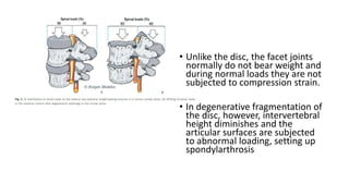 • Unlike the disc, the facet joints
normally do not bear weight and
during normal loads they are not
subjected to compression strain.
• In degenerative fragmentation of
the disc, however, intervertebral
height diminishes and the
articular surfaces are subjected
to abnormal loading, setting up
spondylarthrosis
 