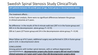 Swedish Spinal Stenosis Study ClinicalTrials
247 patients between 50 and 80 years of age, fusion group or decompression-alone
The treatment effects :
in the 5-year analysis, there were no significant differences between the groups
in clinical outcomes at 5 years.
No difference in the results of the 6-minute walk test (397 m in the fusion group and
405 m in the decompression- alone group, P = 0.72)
ODI at 2 years (27 fusion group and 24 in the decompression-alone group, P = 0.24)
Mean follow-up of 6.5 years, additional surgery was performed in 22% in fusion group
and in 21% in decompression-alone
CONCLUSIONS
Among patients with lumbar spinal stenosis, with or without degenerative
spondylolisthesis, decompression surgery plus fusion surgery did not result in better
clinical outcomes at 2 years and 5 years than did decompression surgery alone
 