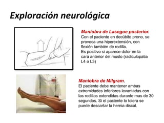Maniobra de Milgram.
El paciente debe mantener ambas
extremidades inferiores levantadas con
las rodillas extendidas durante mas de 30
segundos. Si el paciente lo tolera se
puede descartar la hernia discal.
Maniobra de Lasegue posterior.
Con el paciente en decúbito prono, se
provoca una hiperextensión, con
flexión también de rodilla.
Es positivo si aparece dolor en la
cara anterior del muslo (radiculopatia
L4 o L3)
Exploración neurológica
 