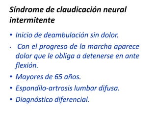 Síndrome de claudicación neural
intermitente
• Inicio de deambulación sin dolor.
• Con el progreso de la marcha aparece
dolor que le obliga a detenerse en ante
flexión.
• Mayores de 65 años.
• Espondilo-artrosis lumbar difusa.
• Diagnóstico diferencial.
 