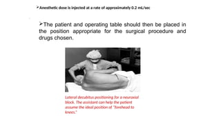.
The patient and operating table should then be placed in
the position appropriate for the surgical procedure and
drugs chosen.
Lateral decubitus positioning for a neuraxial
block. The assistant can help the patient
assume the ideal position of “forehead to
knees.”
Anesthetic dose is injected at a rate of approximately 0.2 mL/sec
 